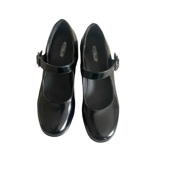 Anthropologie Seychelles chunky black Mary Jane heeled shoe 7.5 - Picture 2 of 5